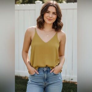 Topshop mustard front/back V-neck thin strap blouse, side slits, fully lined, 2